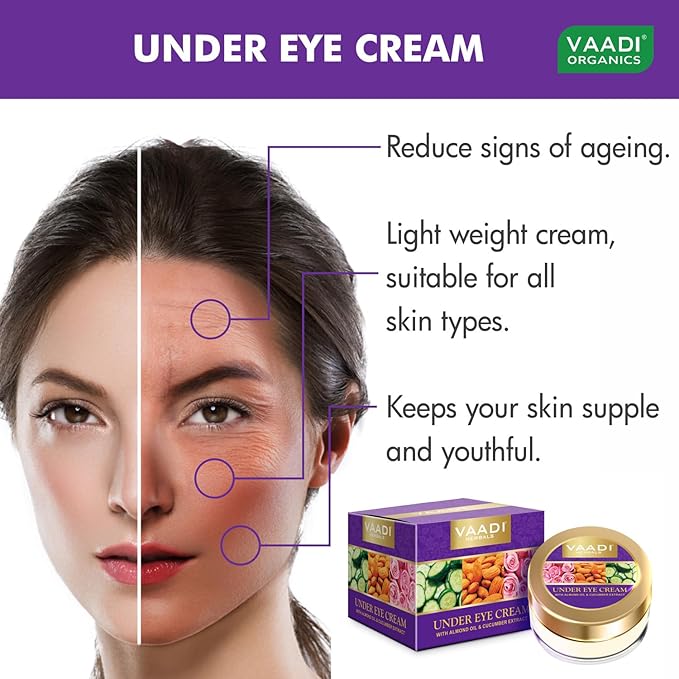 Vaadi herbals Natural Under Eye Cream - Almond Oil & Cucumber extract - Reduces the Appearance of Fine Lines and Wrinkles - Paraben Free - Sulfate Free - Unisex - All Skin Type - ( 30 GMS )