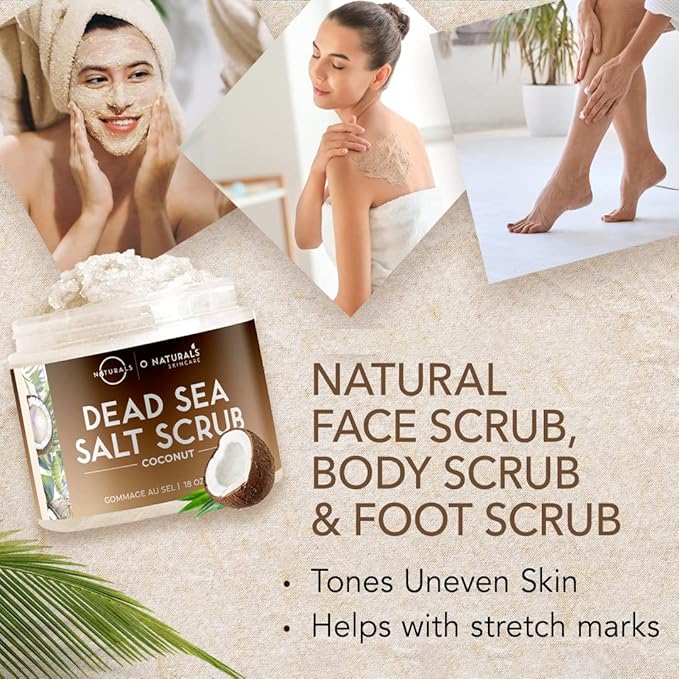 O Naturals Exfoliating Coconut Oil Dead Sea Salt Deep-Cleansing Face & Body Scrub. Anti-Cellulite Tones Helps Oily Skin, Acne, Ingrown Hairs & Dead Skin Remover. Essential Oils, Sweet Almond 18oz