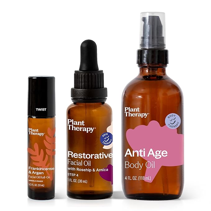 Plant Therapy Anti Age Bundle Including Frankincense & Argan Facial Oil Roll-On (10 mL), Restorative Facial Oil (30 mL), & Anti Age Body Oil (4 oz)