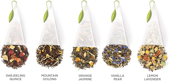 Tea Forte Lotus Presentation Box Tea Gift Set Sampler, 20 Assorted Variety Handcrafted Pyramid Infuser Bags, Black, Green, Oolong, White, Herbal Blends