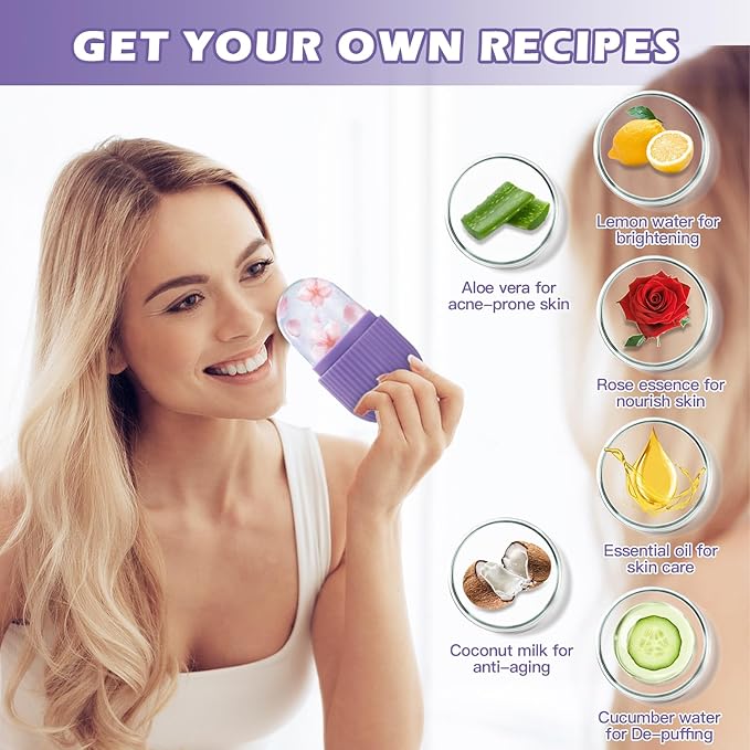 Ice Roller for Face & Eye, Facial Beauty Tool with Gua Sha Massage, Silicone Ice Mold (Purple)