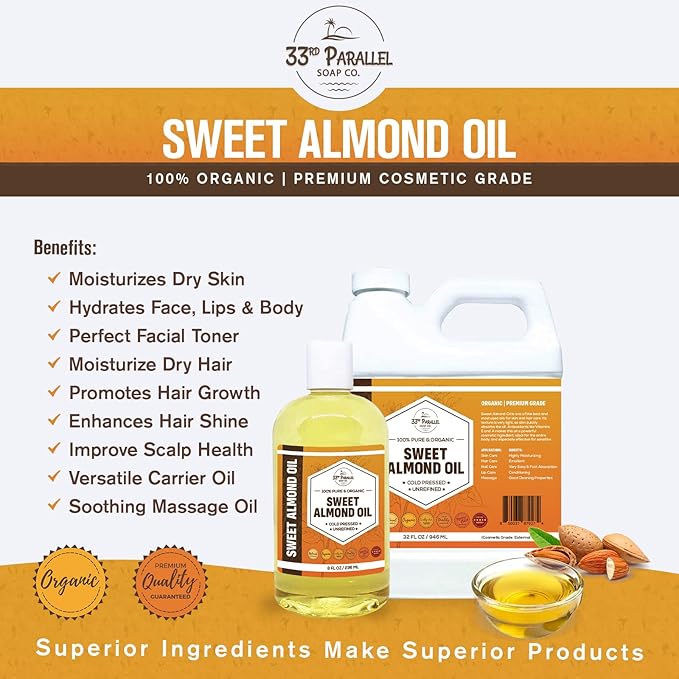 ORGANIC SWEET ALMOND OIL (32 oz) Premium Cold Pressed Unrefined | 100% Pure Sweet Almond Oil for Skin, Face, Hair, Soap Making | Carrier for Essential Oils | Available in Bulk | 32 FL OZ