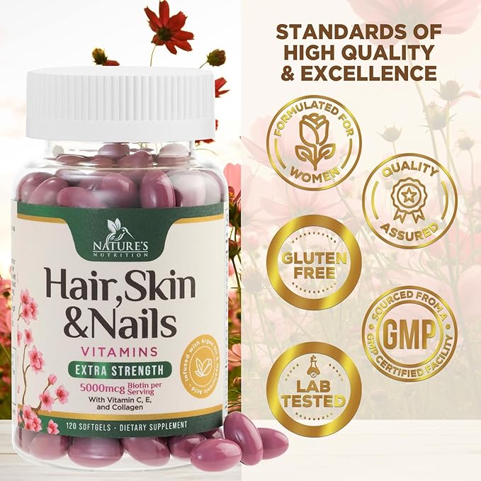 Hair Vitamins Women, Ultra Strength 5000mcg Biotin, Collagen, PABA & More - Womens Hair Growth, Skin, Nails & Keratin Support Supplement, Infused w/ Argan Oil & Hyaluronic Acid, Non-GMO - 120 Softgels