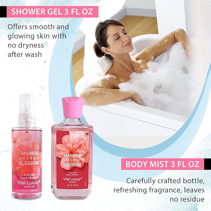 Bath & Body Kit, 3 Fl Oz Travel Size, Ideal Skincare Relaxing Home Spa Set, Includes Body Lotion, Shower Gel, Body Cream, and Fragrance Mist, Bath Gifts for Her and Him (Japanese Cherry