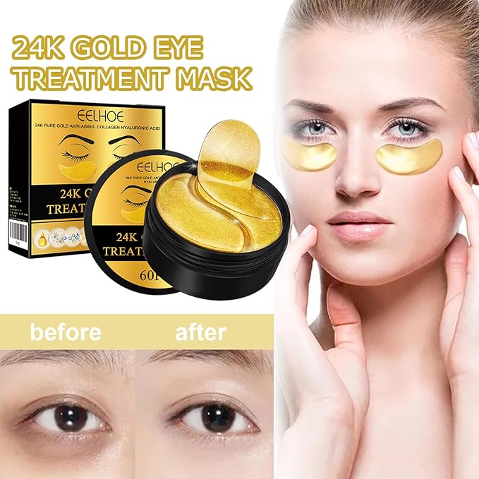 24K Gold Under Eye Patches - Hydrating Anti-Wrinkle Masks with Hyaluronic Acid, Vitamin C - Reduce Dark Circles, Puffiness - Firming, Brightening Treatment - 60PCS - All Skin Types