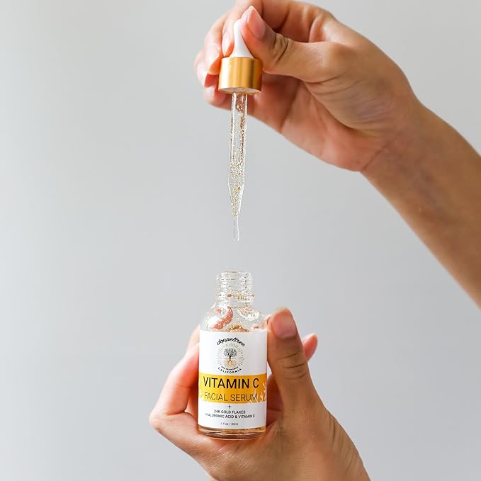 Organic Vitamin C Face Serum with 24K Gold Flakes, Hyaluronic Acid, Vitamin E - Vit C Facial Serum - Acne Scar Treatment, Dark Spot Corrector, Anti Aging & Brightening - Formulated in San Francisco