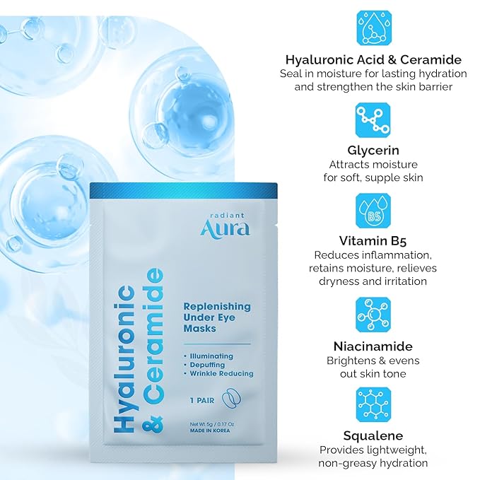 Under Eye Patches with Hyaluronic & Ceramide- Dermatologist Tested Korean Eye Gel Patches for Dark Circles & Puffiness -Illuminating & Wrinkle Reducing Formula for Brighter Eyes -15 Pairs