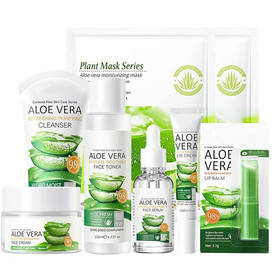 8Pcs Aloe Vera Skin Care Set - Face Care Kit With Cleanser, Mask, Toner, Serum, Lip Balm, Eye Cream, Moisturizer for Women Girls