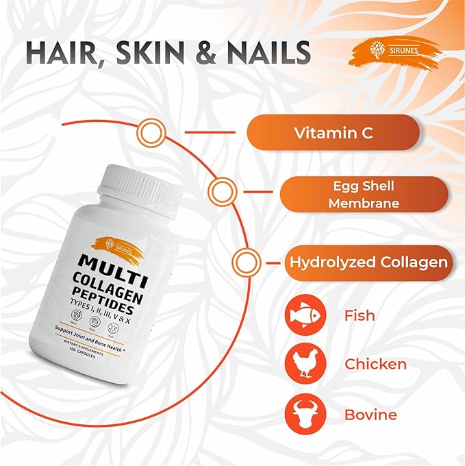 SIRUNES Multi Collagen Peptides Capsules - Non-GMO & Gluten Free Type I, II, III, V, X Hydrolyzed Collagen Supplements with Vitamin C - Supports Healthy Hair, Skin, Nails, & Joints - 100 Capsules