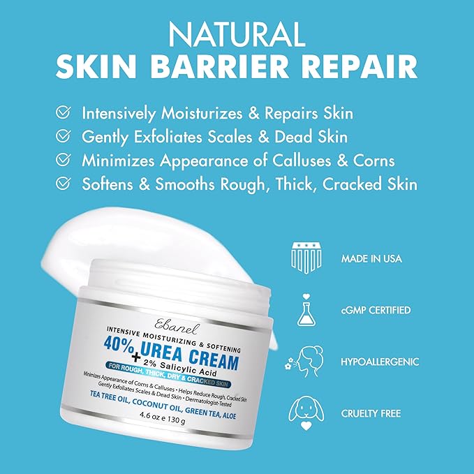 Ebanel Urea Cream 40% plus Salicylic Acid 2%, Foot Cream for Dry Cracked Heels Feet Knees Elbows Hands, Foot Dead Skin Cuticle Callus Remover Toenail Softener, Keratolytic Skin Barrier Repair