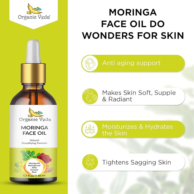 Organic Veda Moringa Face Oil - Hydrating, Fast Absorbing, Miracle Tree Antioxidants, Facial Serum - Organic Moringa Oil, Turmeric, Rose -Anti-Aging, Non-Greasy Day & Night Beautifying Oil -50ml