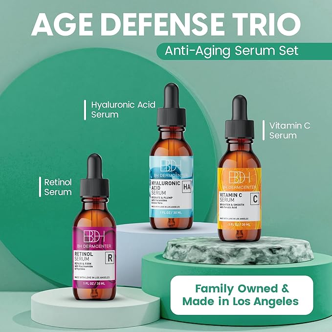 Age Defense Trio Anti-Aging Serum Set for Face and Eyes - Vitamin C, Retinol, Hyaluronic Acid Face Serum for Men and Women - 30ml Each - Paraben Free, Cruelty Free