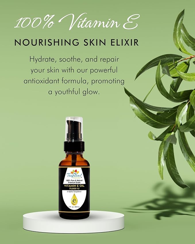 Vitamin E Oil, 100% Pure Max Strength 75,000 IU Vitamin E, Antioxidant Rich Skincare Oil for Face, Hair, Body & Nails, 2 oz