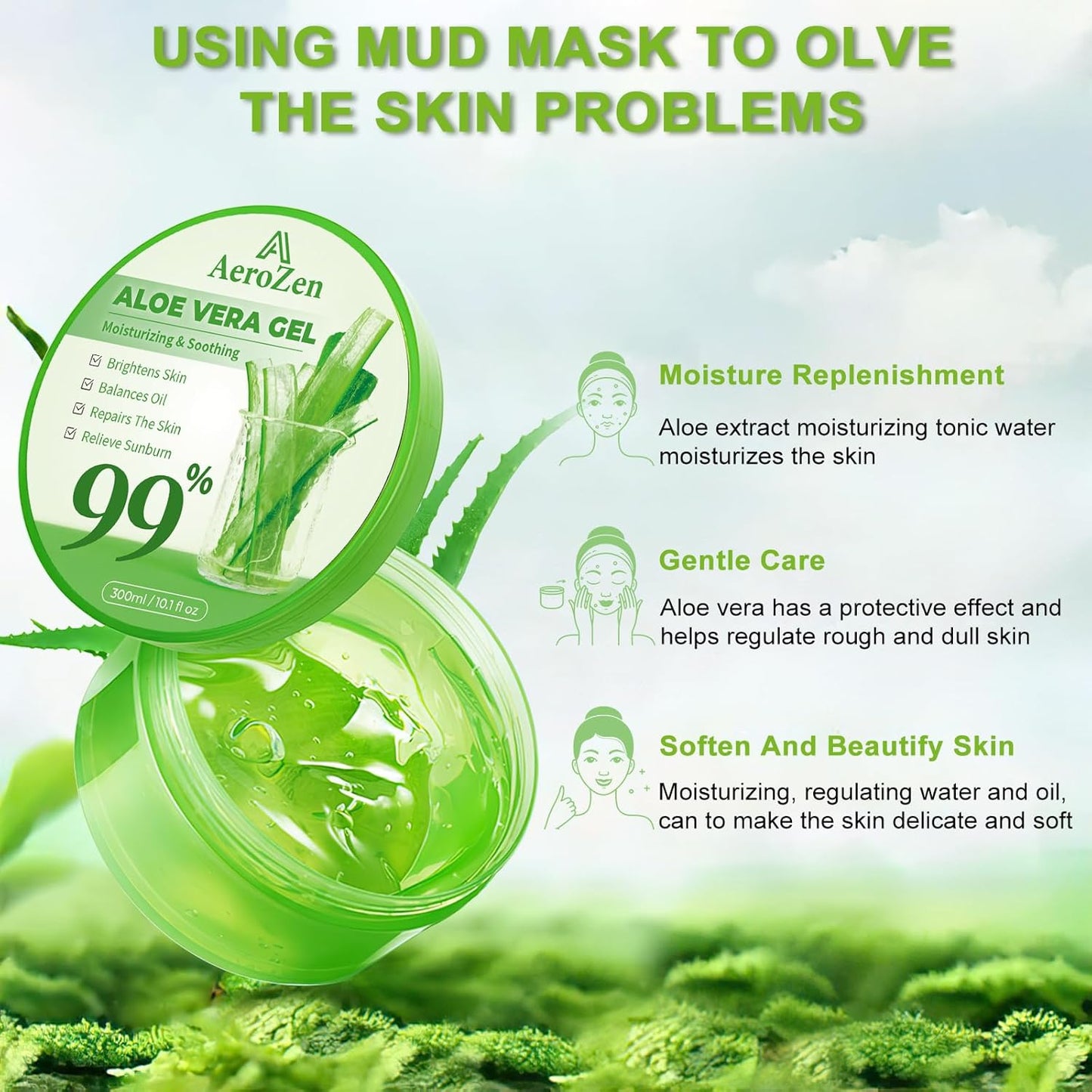 Aero Zen 99% Pure & Organic Aloe Vera Gel - 2-Pack (20.2oz) | Daily & Sun Care Hydration | Lightweight, Non-Greasy, Alcohol-Free for Face, Body, Hair | Vegan