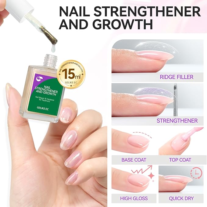 Women Nail Strengthener Protein for Daily: Glittering Pearl 15ml Gelike EC 6 in 1 Nail Treatment for Weak and Damaged Nails Everyday - Nail Polish Hardener for Home Salon Travel Spa Gift