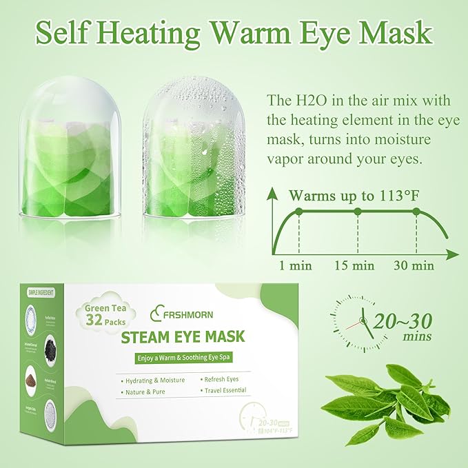 32 Packs Steam Eye Mask, Heated Eye Mask for Sleeping, Warm Compress for Eyes, Self Heating Disposal Eye Mask Comfortable Sleep Mask for Home, Office, Spa, Travel Essentials (Green Tea)