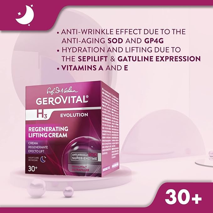 GEROVITAL EVOLUTION Regenerating Lifting Cream Night Care with Superoxide Dismutase SOD (Anti-Aging Super Enzyme), Ultrafiller Hyaluronic Acid with Wrinkle Filling Effect, 50 ml