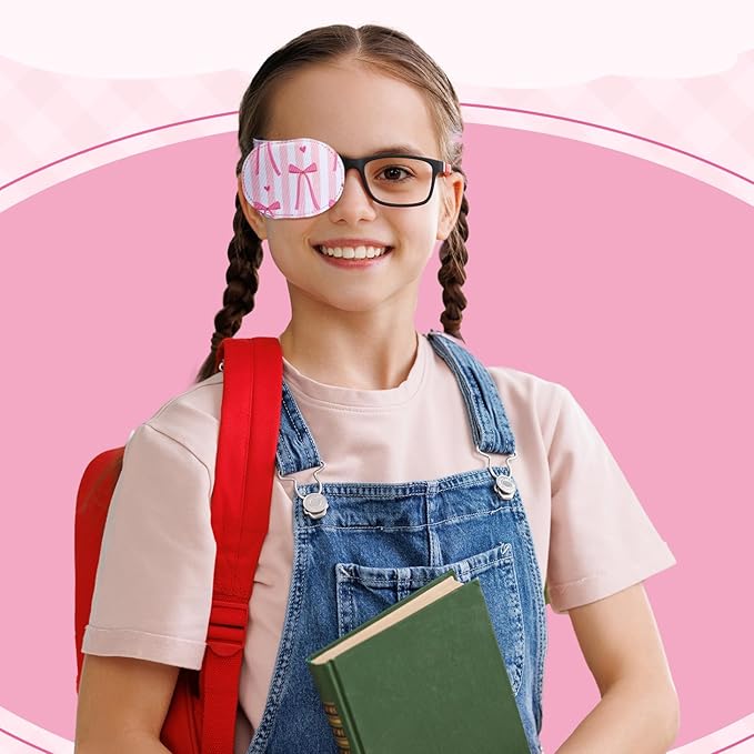 Newcotte 12 Pcs Eye Patch for Kids Toddler Reusable Adjustable Girls Boys Eyepatch for Glasses Left or Right Eye Patch, Assorted Patterns (Pink Coquette Bow)