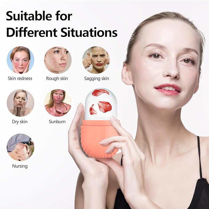 2pcs Ice Roller for Face and Eye, Silicone Ice Facial Roller Ice Holder, Face Ice Mold Skin Care, Face Icers Reusable Ice Cube Roller for Shrink Pores Anti Wrinkle Reduce Puffiness, Pink Green