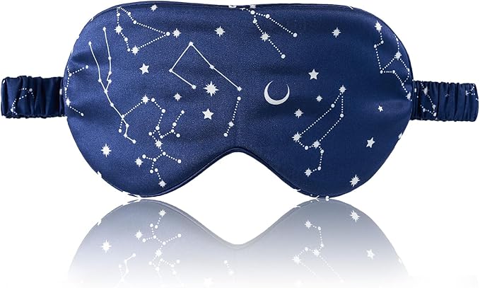 THXSILK Sleep Mask 100% 19 Momme Pure Mulberry Silk Super Smooth Cooling Decorative Sleep Eye Mask Blackout Eye Cover with Wide Head Strap, Constellation-Navy