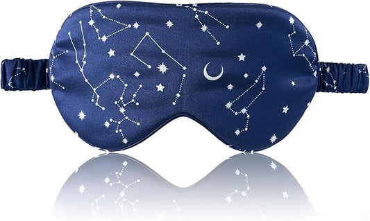 THXSILK Sleep Mask 100% 19 Momme Pure Mulberry Silk Super Smooth Cooling Decorative Sleep Eye Mask Blackout Eye Cover with Wide Head Strap, Constellation-Navy
