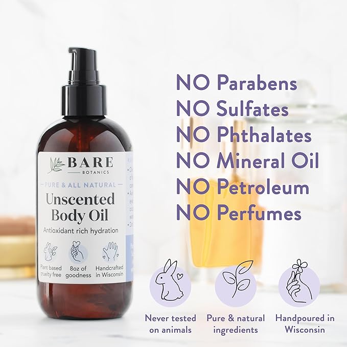 BARE BOTANICS 8 oz Moisturizing Unscented Body Oil - 100% Pure & Natural for Skin & Nails - Perfect for Moisturization - Vegan, Cruelty Free & Naturally Scented Hair Oil
