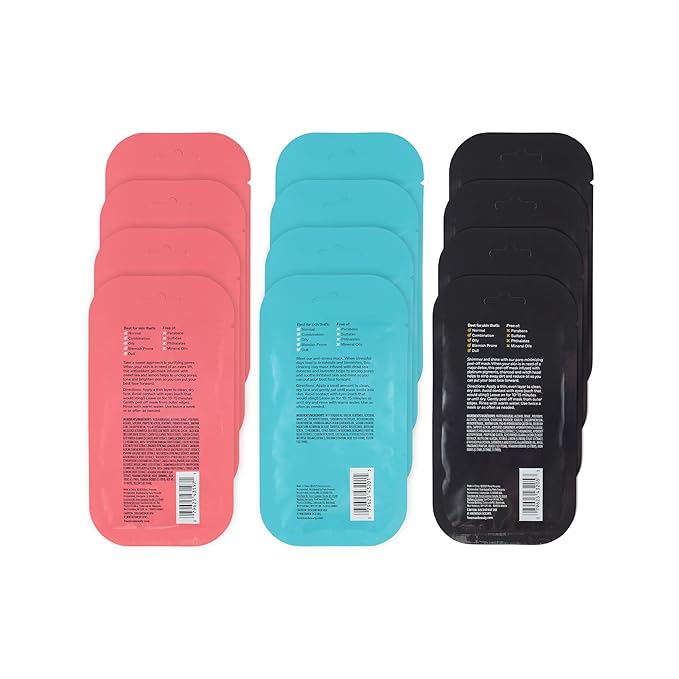 Freeman Facial Mask Variety 12 Count Bundle, Peel-Off & Clay Face Masks, Pore Clearing, Toning, Evening, & Calming Skincare, For All Skin Types, Travel Size Masks, 0.5 fl. oz./15 ml Sachets