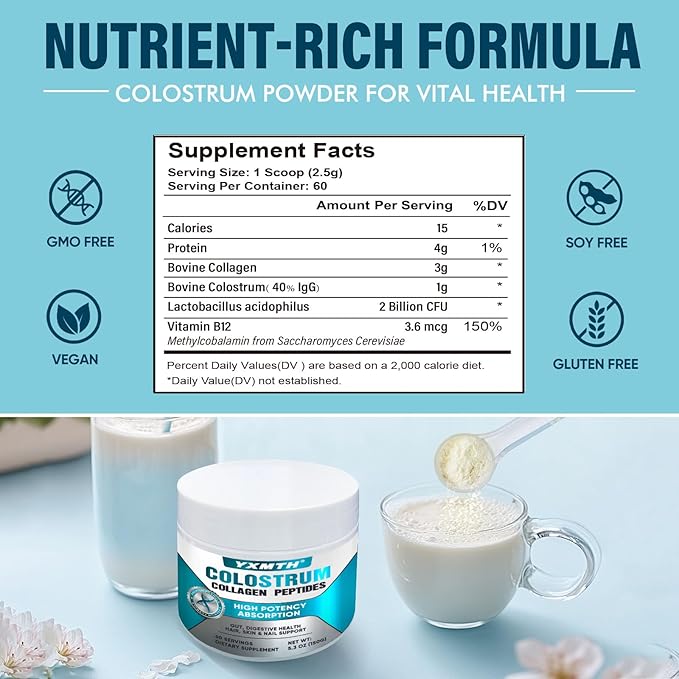 Premium Bovine Colostrum & Collagen Powder - Gut Repair, Immune Boost, Hair Growth & Beauty Support with IgG, Probiotics, and Vitamins B12/C/D3 - Sugar-Free, Gluten-Free, Fat-Free (60 Servings)