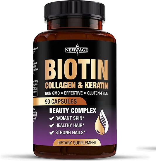 NEW AGE Biotin Collagen Keratin Hyaluronic Acid - 50,000mcg Hair Growth Vitamins for Men and Women, Nails, Hair, Skin Vitamins and DHT Blocker with Vitamin E Folic Acid Pumpkin Seed MSM - 90 Count