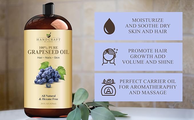 Handcraft Blends Grapeseed Oil - Cold-Pressed 28 Fl Oz - 100% Pure and Natural - Premium Grade Carrier Oil for Skin and Hair - Hair and Body - Massage - Hexane-Free