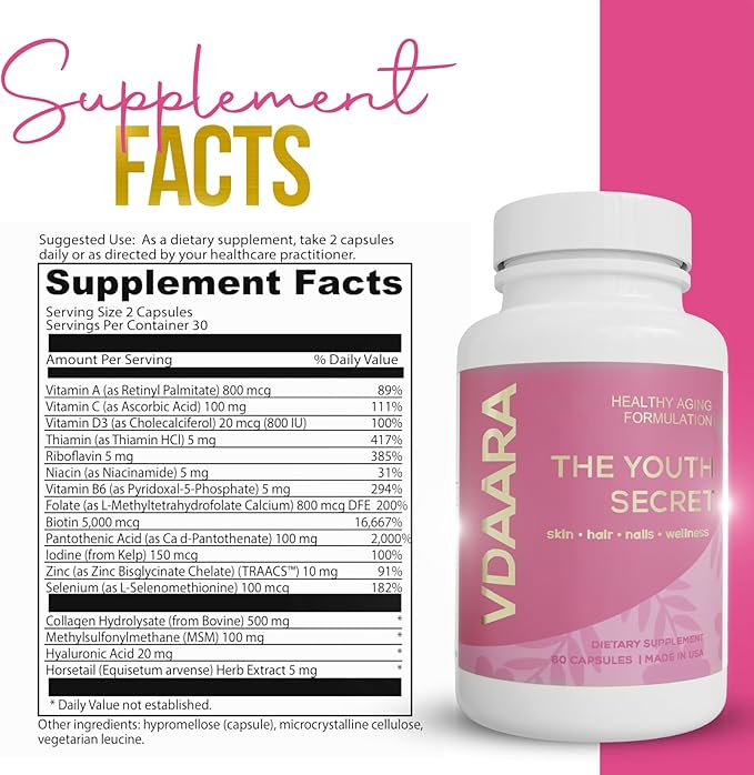 Hair, Skin and Nails Vitamins - 5000 mcg Biotin, Collagen, Natural Vitamin C A D3 Hyaluronic Acid - Supplement for Glowing Skin, Hair Growth for Men and Women – 60 Capsules