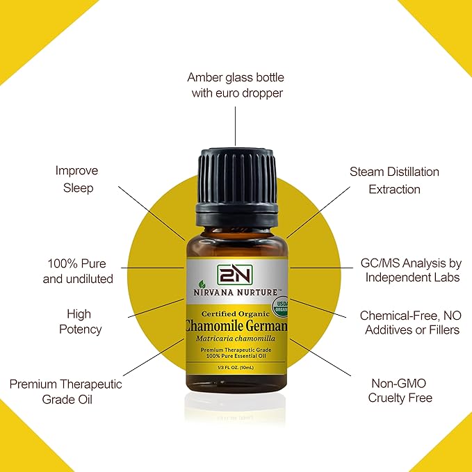 Chamomile German Essential Oil USDA Certified Organic 100% Pure Premium Therapeutic Grade, Undiluted - Aromatherapy Diffuser for Calm and Relaxation, Skin Care, Hair Care