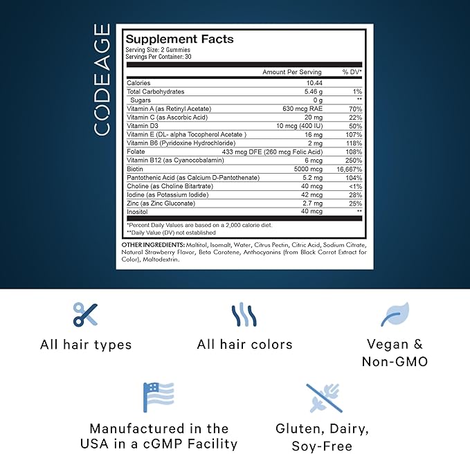Codeage Hair Gummies, Biotin 5000 mcg, Sugar Free Growth Gummy Vitamins A, C, B6, B12, D3, Zinc, Inositol Supplement, Women & Men, Pantothenic Folic Acid, Nails, Skin, Strawberry Coconut Flavor, 60 ct