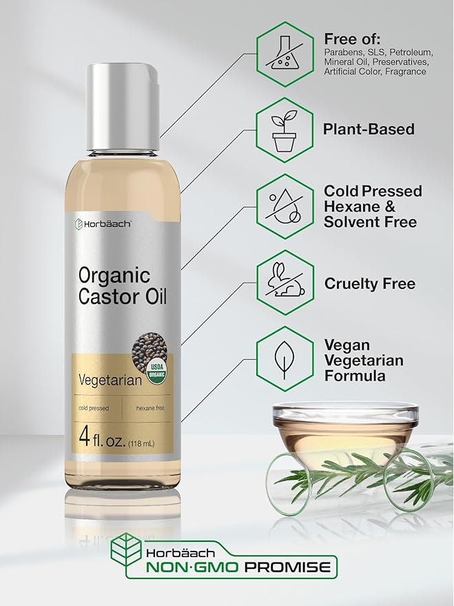Horbäach Castor Oil Organic | 4 fl oz | Cold Pressed and Hexane Free | For Face, Hair, Eyelashes and Eyebrows | Vegetarian, Non-GMO Formula