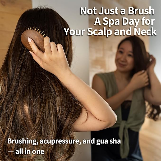 Uffy Acubrusher – 24K Gold-Plated Gua Sha Hair Brush - Ergonomic Scalp Massager for Dandruff & Hair Growth, Suitable for All Hair Types - Ideal Gift for Mom in Beech Wood