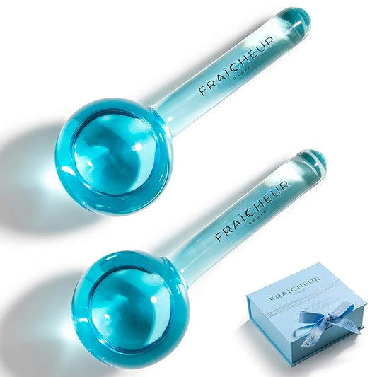FRAÎCHEUR ICE GLOBES | Frozen Cryo Roller for Cold Facial Massage | Skincare Cooling Glass Massager with Anti-Freeze Liquid Inside | Reduce Puffiness, Pores and | Bonus Massage Techniques eBook (BLUE)