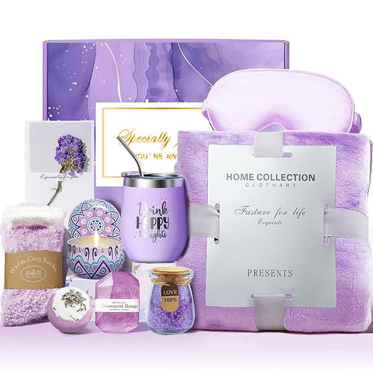 Spa Gift Baskets for Women - 11-Piece Self Care Kit with Soy Candle, Bath Salts, Purple Blanket, Insulated Tumbler, Eye Mask & More – Unique Mothers Day, Birthday, or Get Well Soon Gifts for Women