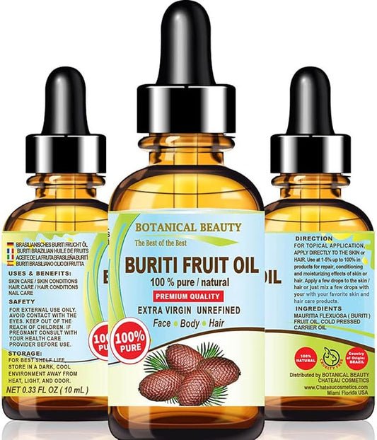 Botanical Beauty Brazilian BURITI FRUIT OIL 100% Pure Natural Virgin Unrefined Cold Pressed Carrier Oil Undiluted 0.33 fl.oz-10 ml for Face, Body, Hair, Lip, Nails