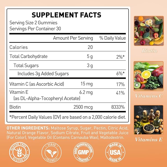 Vegan Biotin-Gummies for Hair, Skin & Nails, 2500 mcg Biotin with Vitamins C & E, for Women, Men & Kids, Gluten Free, Orange Flavor, 60 Gummies