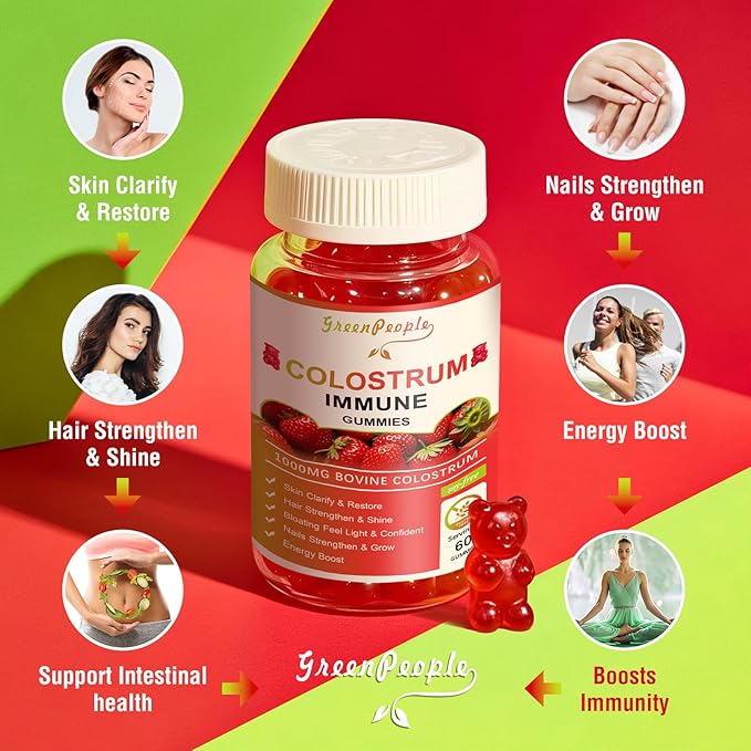 2 Pack Colostrum Supplement Gummies for Women & Men, with Biotin 10000mcg, Collagen, Grape Seed, Vitamin A, D3, B1 for Hair Skin Nails,Immue Support, Sugar-Free, 60 Day Supply