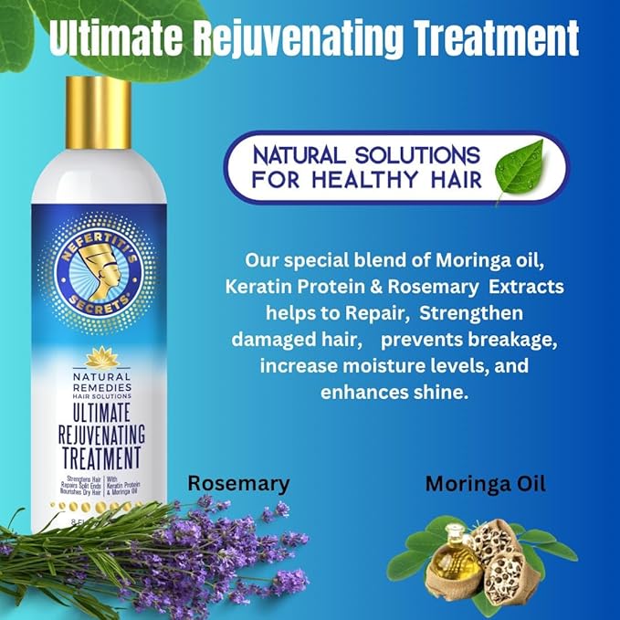 Nefertiti's Secrets Rejuvenating Treatment for Women and Men, Moringa Oil & Keratin Protein Energizing Conditioner, For Dry & Damaged Hair, Natural Moisturizer, Hair Therapy, 8 Oz / 236 mL