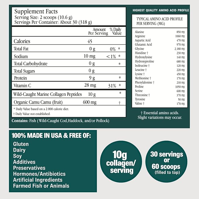 ENSANTE Premium Marine Collagen Peptides Powder Unflavored, Type I II III IV Clinically Backed Wild-Caught Fish Collagen with Organic Camu Camu Vitamin C for Hair Skin Nails Joint, Lab Tested Easy Mix