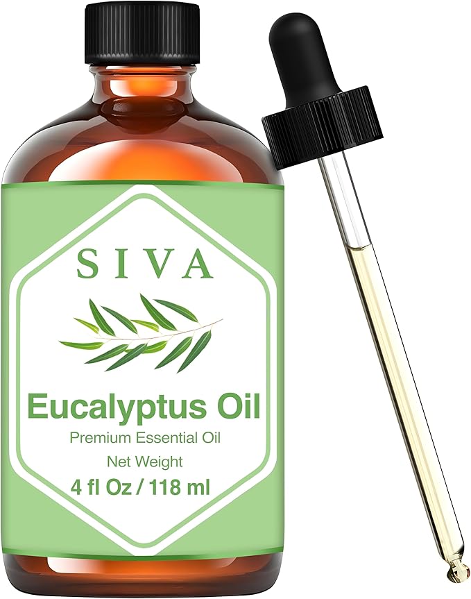 SIVA Eucalyptus Essential Oil - 4 Fl Oz – Natural Eucalyptus Oil - for Diffuser, Face, Skin Care, Aromatherapy, Hair Care, Scalp and Body Massage - with Dropper