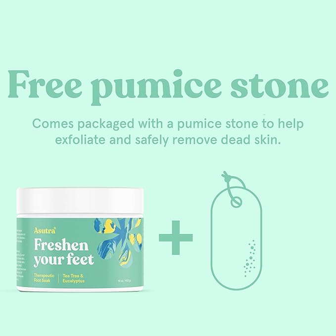 ASUTRA Invigorating and Therapeutic Foot Soak + Pedicure Pumice Stone (Dead Sea Salt w/Tea Tree & Eucalyptus Oils), 16 oz - Helps to Soften Calluses, Corns, and Cracked Feet