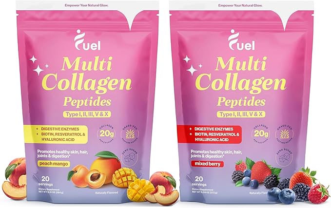 Fuel Collagen Peptides Powder - Multi Collagen Protein Powder with Hyaluronic Acid & Biotin, Promotes Skin, Hair & Nail, Hydrolyzed Collagen Peptides, Peach Mango & Mixed Berry Flavors, 20 Servings