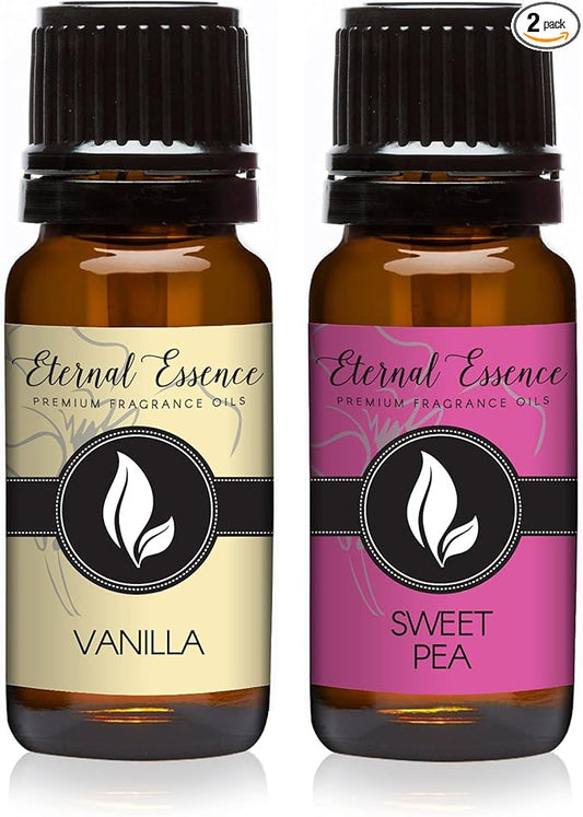 Eternal Essence Oils 2 Pack 10ml Premium Fragrance Oil - Vanilla & Sweet Pea - for Candle, Soap Making, Aromatherapy, Diffusers, Home Care, & Humidifiers