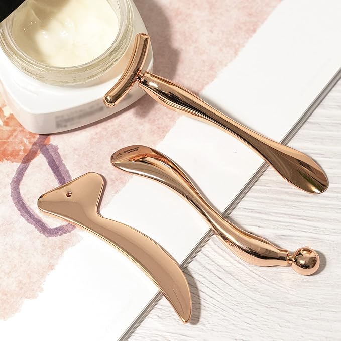 KOIBITO 3 PCAK Cooling Metal Facial Massage Stick, Eye Cream Applicator Wand, Gua Sha Scraping Tool Set, Reduce Puffiness Skin Firming and Lifting (Rose Gold)