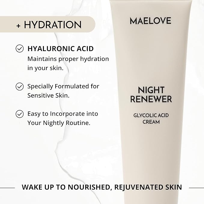 MAELOVE Night Renewer, Glycolic Acid Cream, Anti-Aging, Unscented AHA Exfoliating Night Cream, Gentle for Sensitive Skin, Researched & Manufactured in USA, Gluten-Free, 2.0 fl oz