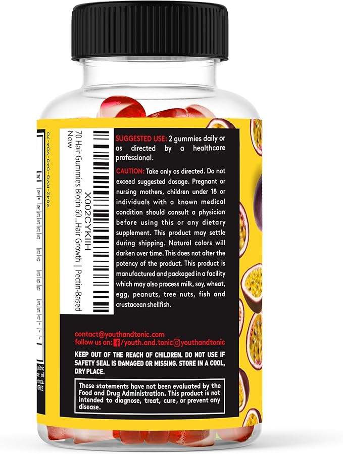 70 Hair Gummies Biotin 6000mcg Collagen Silicon PABA & Multivitamins | Hair Skin and Nails Vitamins Gummy for Women | B Complex Folic Acid 400mcg Vitamin A C D E & Zinc for Hair Growth | Pectin-Based