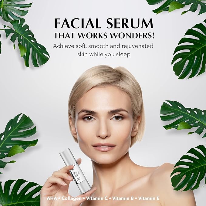 Facial Night Serum with AHA + Collagen, Night Serum for Face, Anti Aging Night Serum, Collagen Boost Anti Aging Serum, Nutrient-Rich Night Face Serum with Vitamins C, B, E, Collagen Skin Care